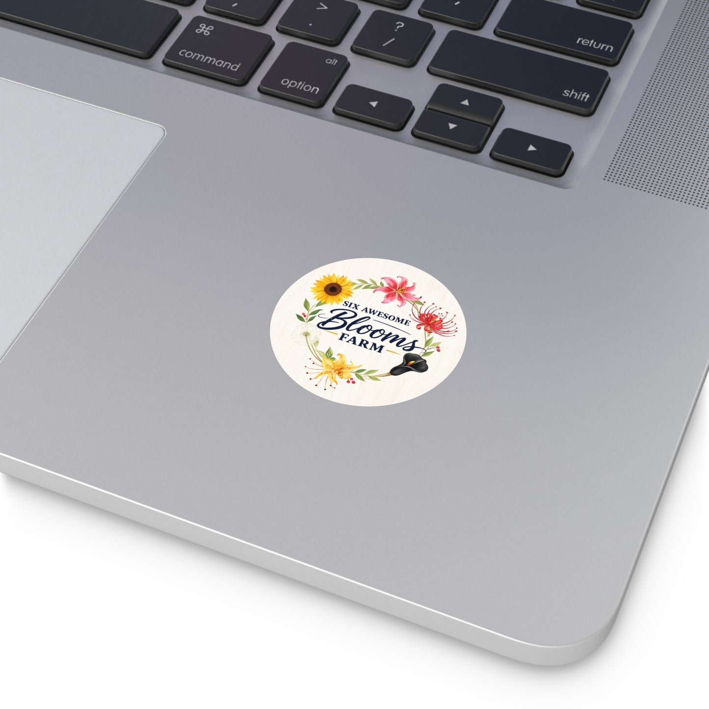 Round Vinyl Sticker — "Six Awesome Blooms Farm" Floral Logo