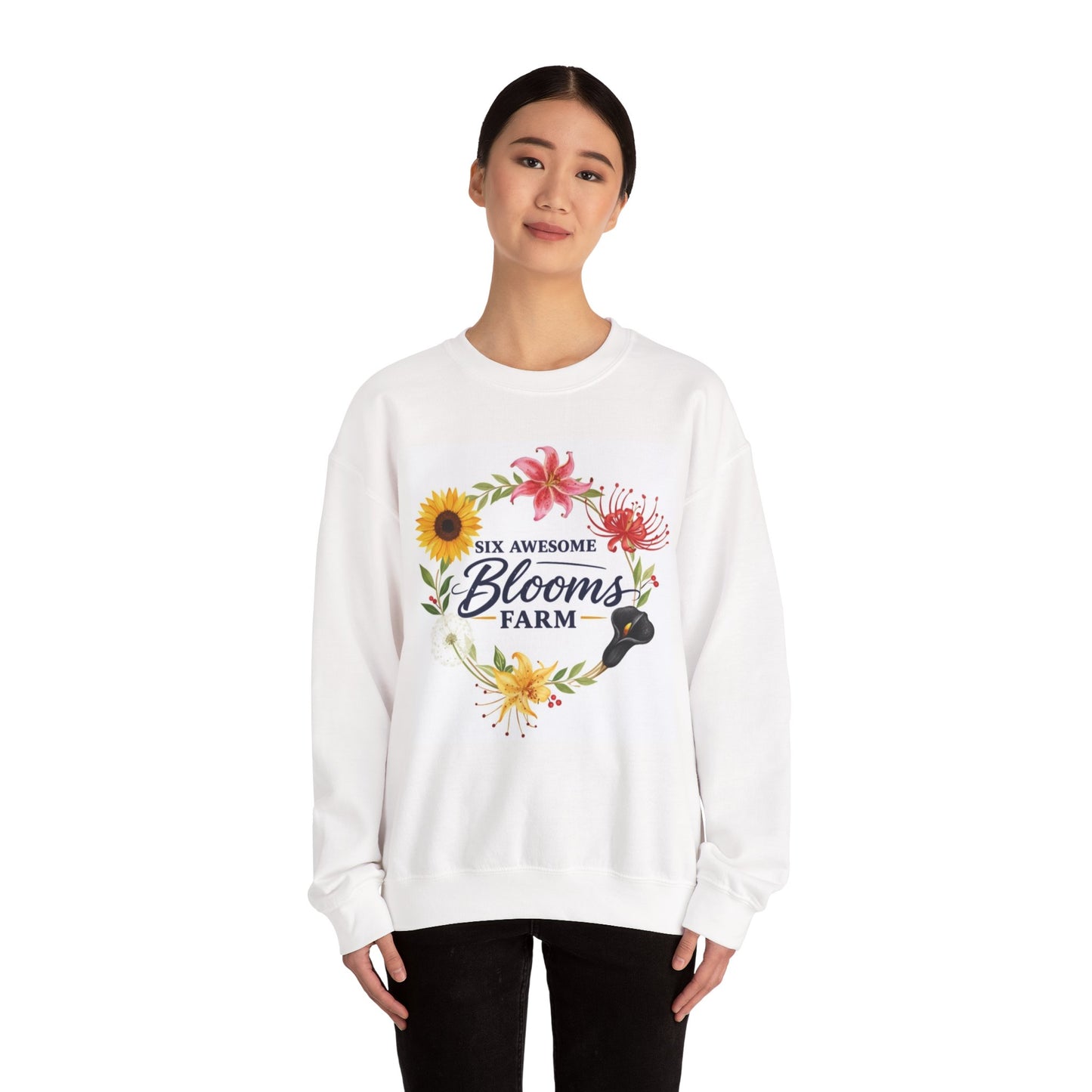Crewneck Sweatshirt — Six Awesome Blooms Farm Floral Wreath Garden Tee