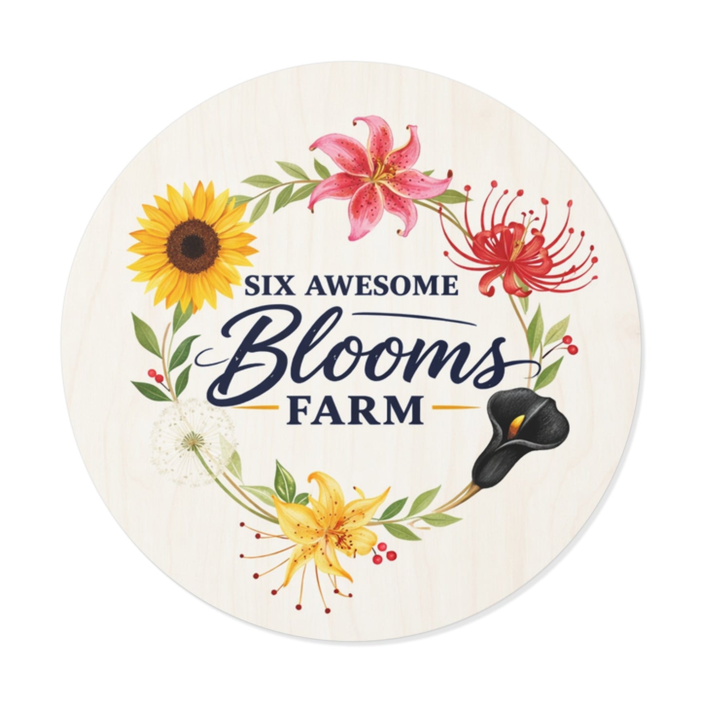 Round Vinyl Sticker — "Six Awesome Blooms Farm" Floral Logo